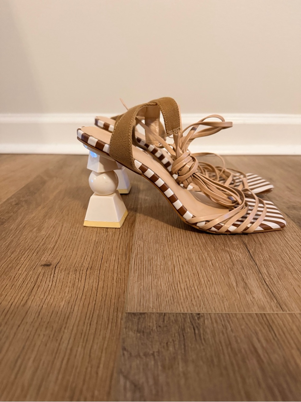 SHEIN Tan and White Striped Lace-Up Sculpted Heel Sandals
